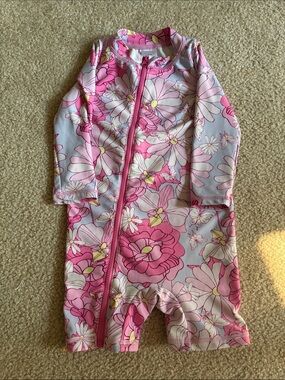 Girls' Pink Floral Long-Sleeve Rashguard Sunsuit